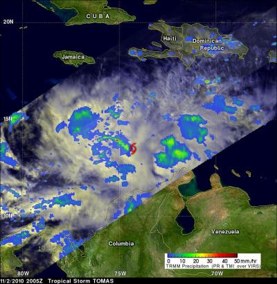 TRMM Satellite View of Rainfall in Tropical Depression Tomas