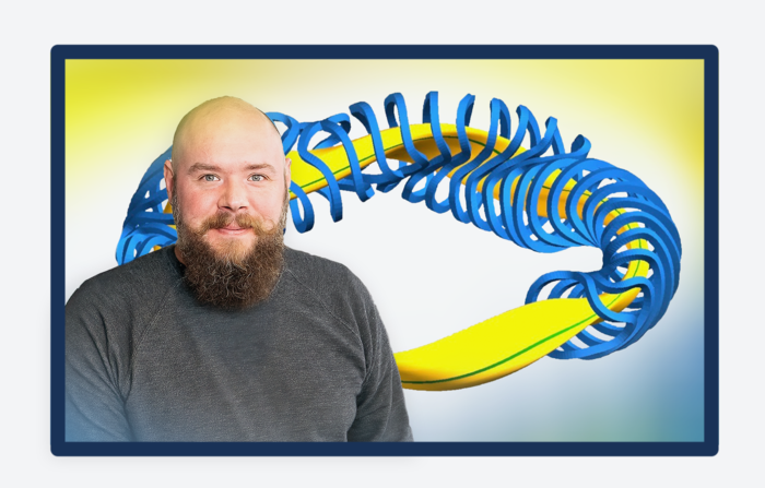 Physicist with simulation of W7-X magnetic coils and plasma