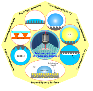 Various femtosecond laser-induced extreme wettabilities.
