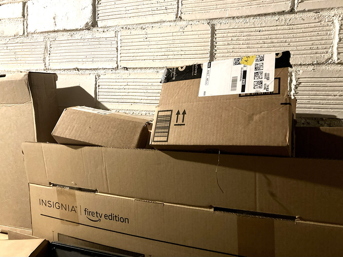 A pile of cardboard boxes from online shopping.