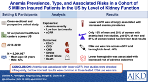 Anemia Prevalence, Type, and Associated Risks in a Cohort of 5 Million Insured Patients in the US by Level of Kidney Function