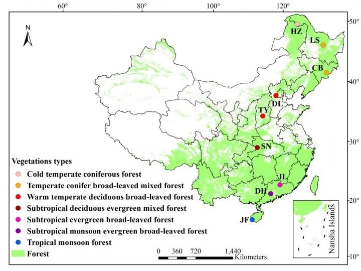 Geographic Locations of the Sampling Sites Along a North-South Transect (~ 3700 Km) of Eastern China