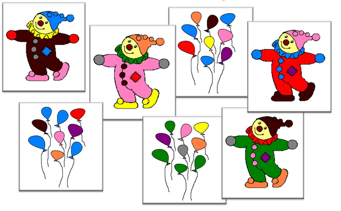 Examples of clown and baloon images. The number of colours determines the level of difficulty