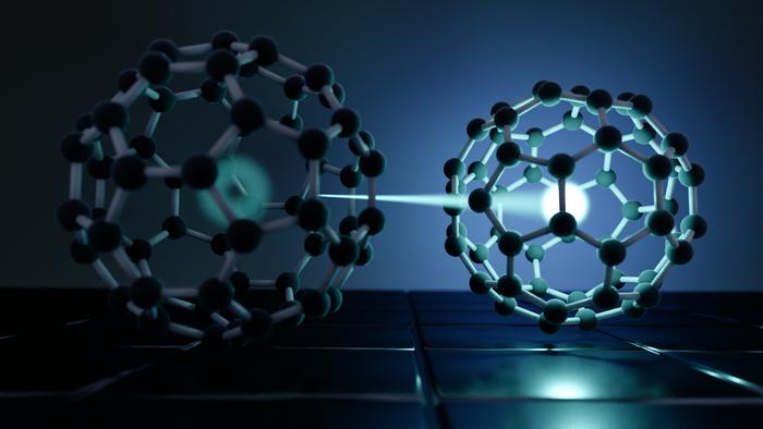 llustration showing light exciting electrons in two molecules of the organic semiconductor known as buckminsterfullerene. The newly formed exciton (shown by the bright dot) is first distributed over two molecules before it settles on one molecule (right)