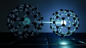 llustration showing light exciting electrons in two molecules of the organic semiconductor known as buckminsterfullerene. The newly formed exciton (shown by the bright dot) is first distributed over two molecules before it settles on one molecule (right)