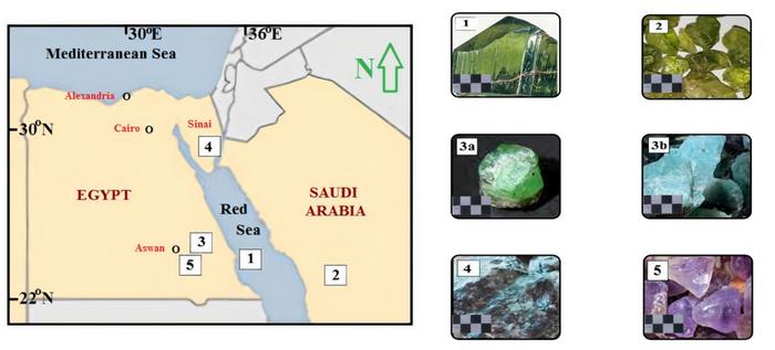 Locations of the investigated gem minerals from Egypt and Saudi Arabia and scaled photos of colored gem minerals