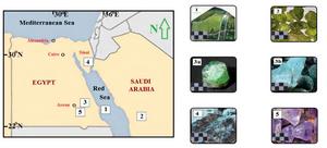 Locations of the investigated gem minerals from Egypt and Saudi Arabia and scaled photos of colored gem minerals