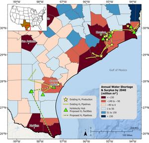 Existing and proposed hydrogen infrastructure and Texas water needs by county.