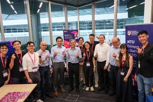 Minister of State Mr Alvin Tan with the NTU Innovation and Entrepreneurship team and students at the launch of the NTU Innovation Port at The Arc