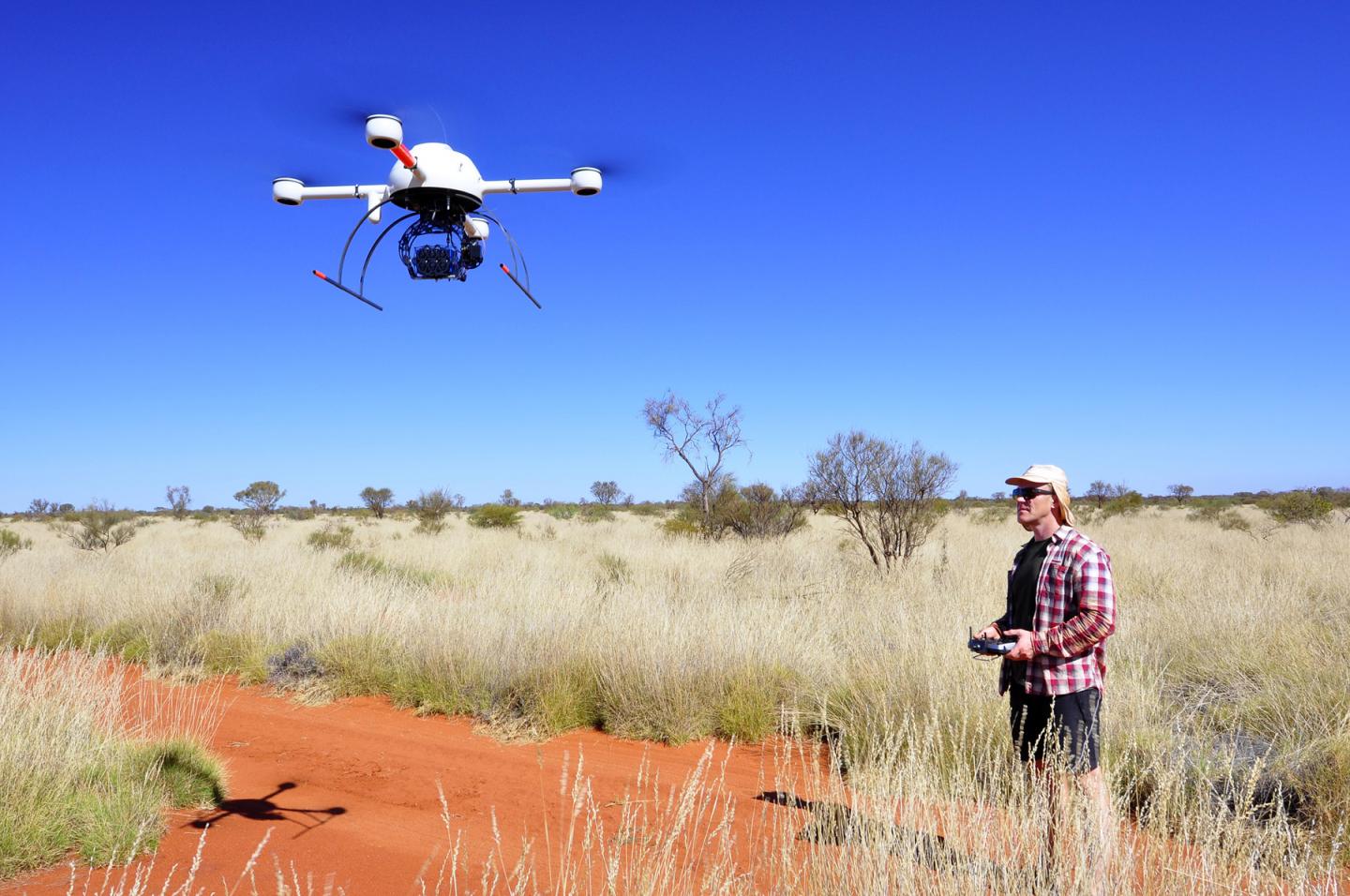 Researcher in field flying microdrone