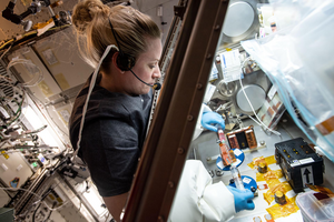 NASA astronaut Kate Rubins works on the Cardinal Heart study