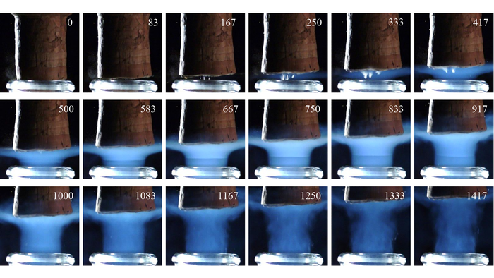 Time sequence showing details of a cork expelled from a champagne bottleneck