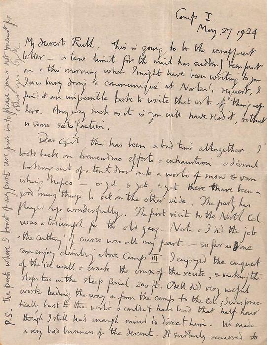 1st page of the final letter from George Mallory to Ruth Mallory, 27 May 1924