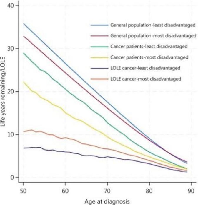 Life expectancy by age at cancer diagnosis and the loss of life expectancy (LOLE) due to cancer diagnosis for all cancers combined between 2001 and 2020 in New South Wales, Australia.