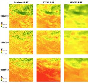 Comparison among Landsat LST, VIIRS LST and MODIS LST.