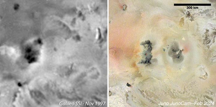 Comparison of Galileo and JunoCam data showing emergence of new volcano on Jupiter's moon, Io.