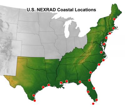 Locations of NOAA Doppler Radars Along the East and Gulf Coasts