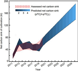 Predicted net carbon sink of Gracilaria cultivation in China from 2011 to 2030.