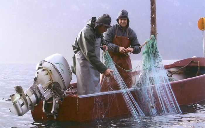 Ruedi Müller catching whitefish with Josef Muggli