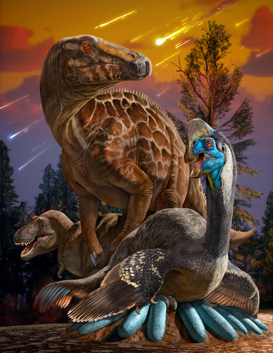 Artist's depiction of Late Cretaceous oviraptorosaurs, hadrosaurs, and tyrannosaurs living in central China