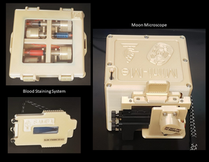 Staining reagents and syringe storage box (upper left), staining device (lower left), and miniature microscope (right) for the Moon Microscope investigation.