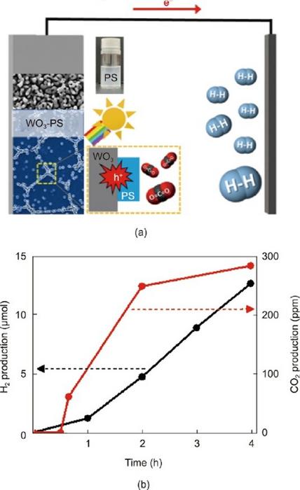 Detailed schematic representation of the PEC degradation mechanism employed for PS waste using a WO3 photoanode.