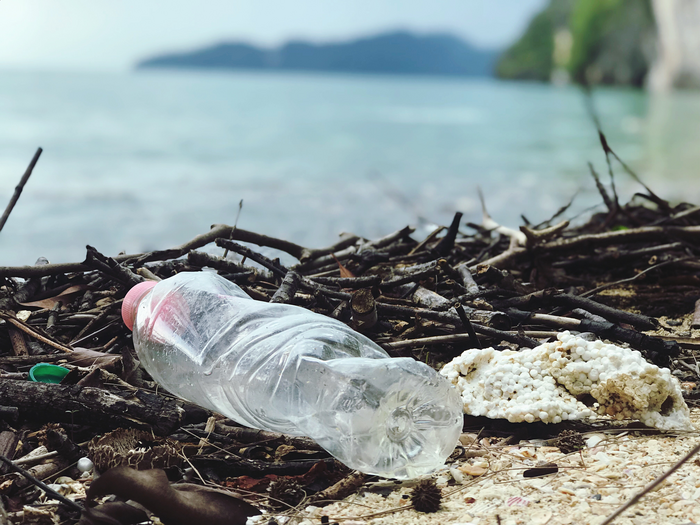 A plastic bottle left on a beach.