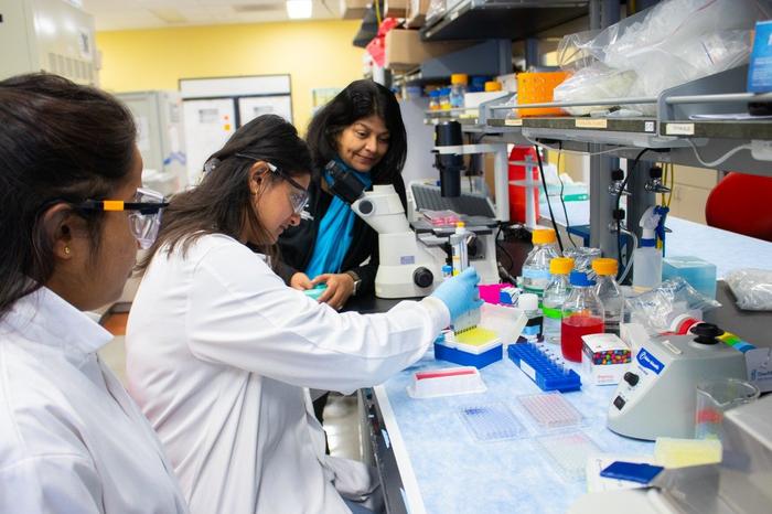 (From left) Graduate students Ruwanthika Kularathna, Neeti Gandhi, and Robert E. Hord Jr. Professor of Chemical Engineering Padma Rajagopalan conduct a biological measurement.