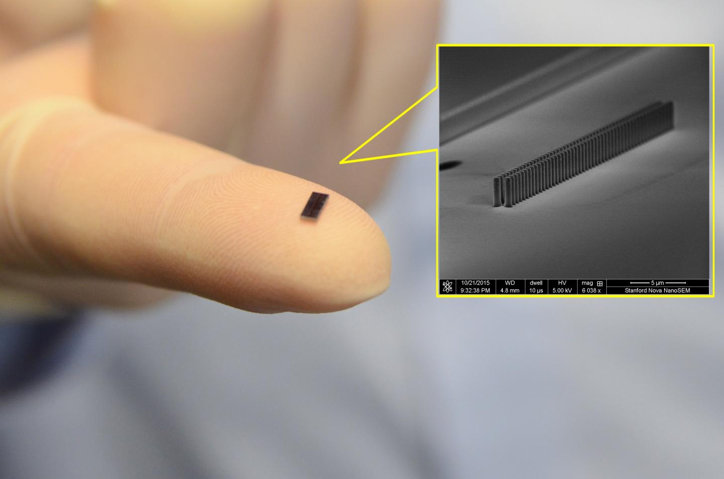 Accelerator Chip on the Tip of a Finger, and An Electron Microscope Image of the Chip