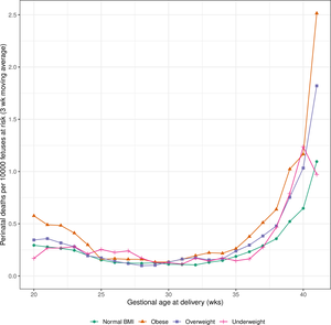 Gestational age specific perinatal death rates per 10,000 fetuses at risk by BMI class