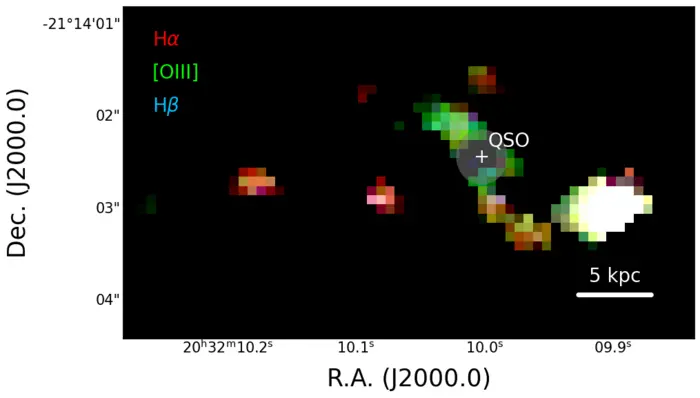 Map of the line emission of hydrogen and oxygen in the PJ308-21 system
