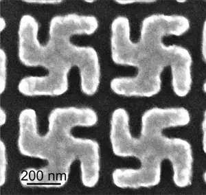 Figure 3: Scanning electron microscope image of the chiral gold nanostructure. (The nanostructures may be viewed as potentially offensive; however, the organization of the nanostructures was not intentional but was used for purely research purposes.)