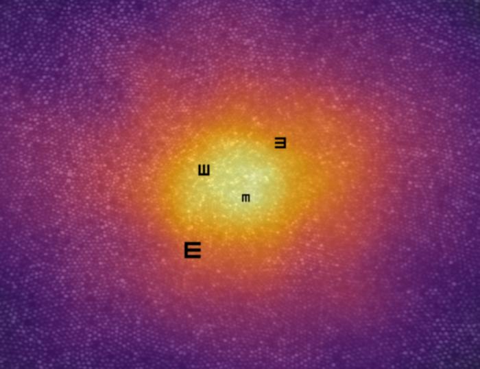 The densely packed mosaic of cone photoreceptor cells in the foveal center of a human eye, overlaid with letters used to test visual acuity. Color indicates cell density.