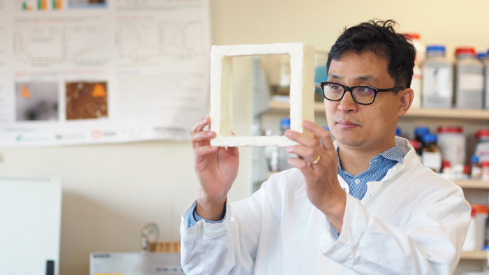 UBC professor Dr. Feng Jiang holding samples of the biodegradable foam:
