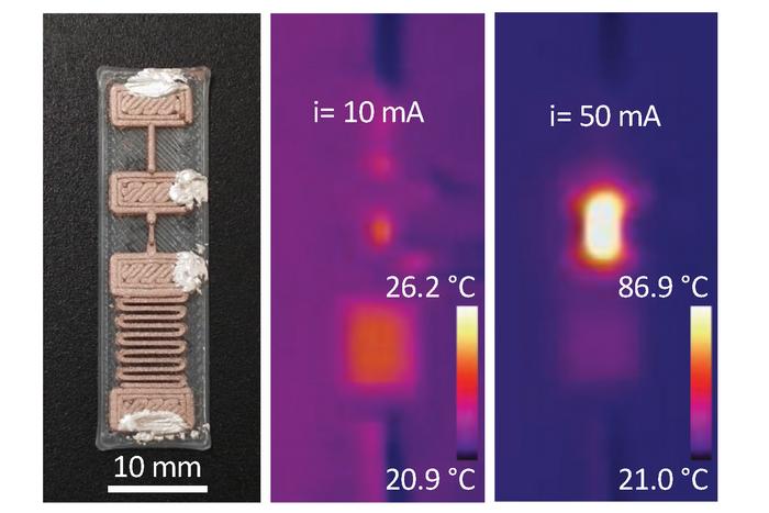 The devices are made from thin, 3D-printed traces of the copper-doped polymer.