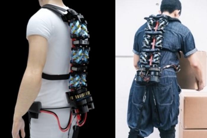 Figure 1. Design of the BBEX worn on a human user (left) and demonstration of weight lifting using the actual prototype (right)