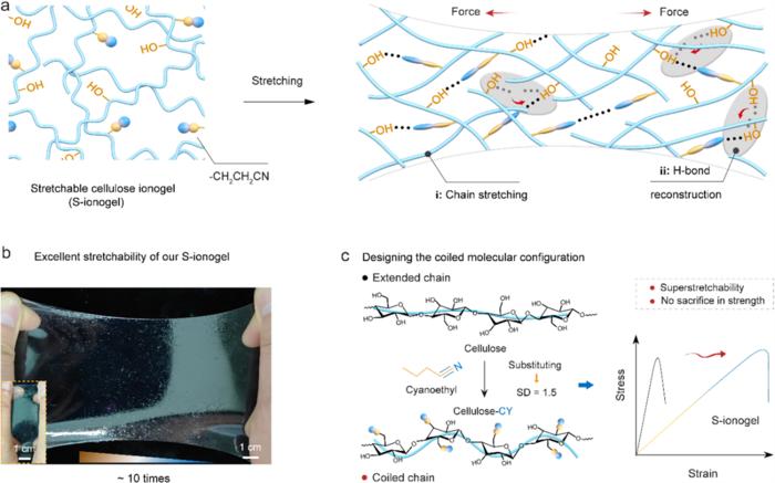 Figure 1 Super-stretchable cellulose ionogel (S-ionogel) derived from a molecular configuration design.