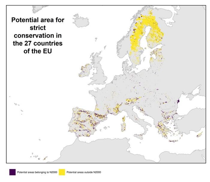 Potential area for strict conservation in the 27 countries of the EU