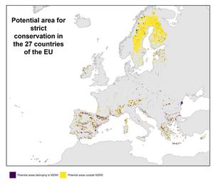 Potential area for strict conservation in the 27 countries of the EU