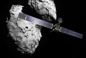 An artist’s depiction of the European Space Agency’s Rosetta spacecraft approaching its target, comet 67P/Churyumov-Gerasimenko.