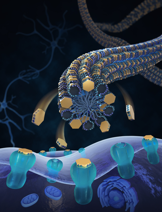 A schematic of tetrodotoxin delivery to nerve sodium channels via bioinspired nanofibers.