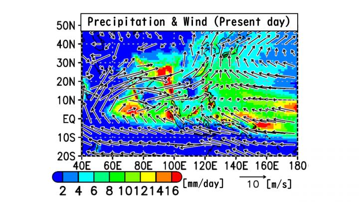 Summer Rainfall and Low-Level Winds (Present, NICAM)