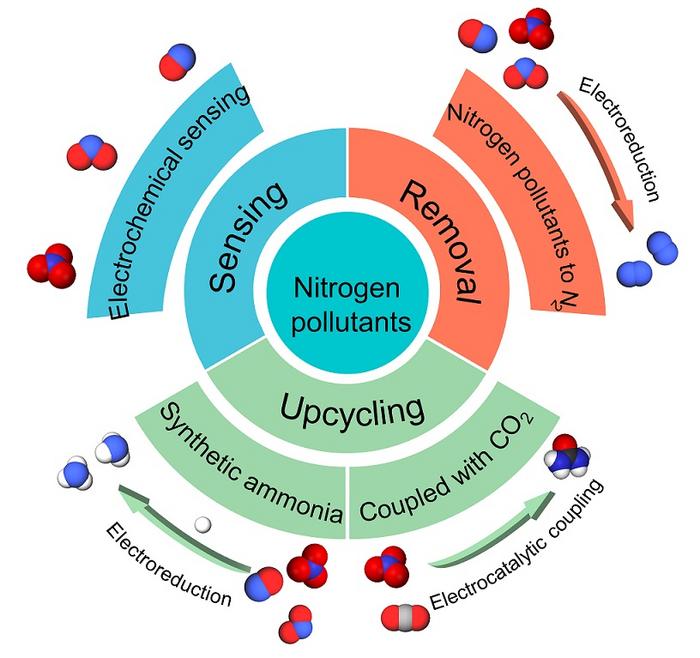 Electrochemically-driven nitrogen pollutants management circular mechanism: sensing, removal, and upcycling