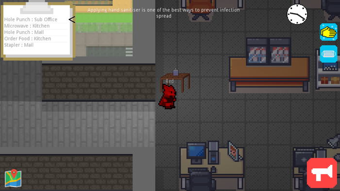 A player's character approaches a hand sanitiser