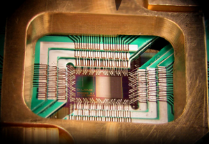 Close-up photo of a quantum computing processor chip