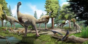 Life reconstruction of the Late Cretaceous Iren Dabasu Formation fauna, showing theropod dinosaurs of various diets