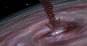 Illustration: A spiralling, dense wind, detected by ALMA, could help scientists understand why supermassive black holes are as massive as they are