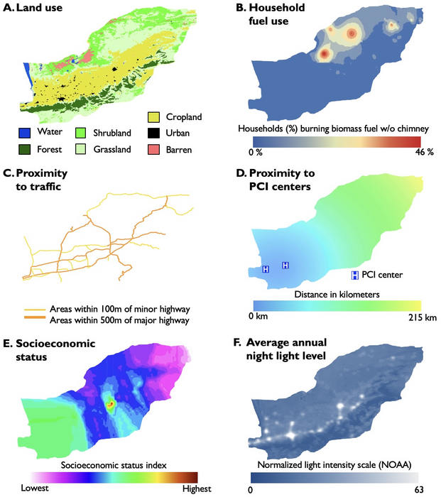 Spatial models for six spatial environmental factors (SEFs) across Golestan Province, Iran.