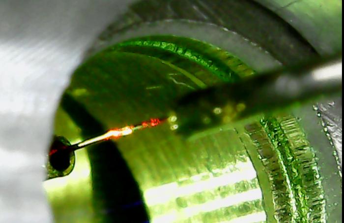 A close up of the fiber approaching the mirror to form the cavity. ©ICFO/E. Beattie