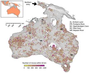 Computer model images of entry points for migration routes through Sahul: a northern route through West Papua (entry time: 73,000 years) and a southern entry point from the Timor Sea shelf (entry time: about 75,000 years).